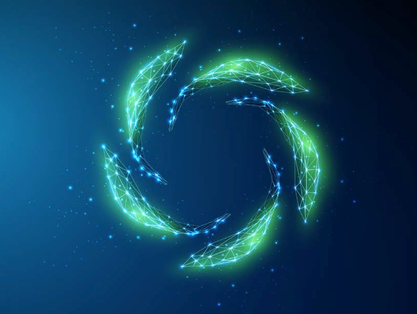 Grafica circolare stilizzata composta da segmenti luminescenti verde e blu a formare un cerchio su sfondo blu scuro